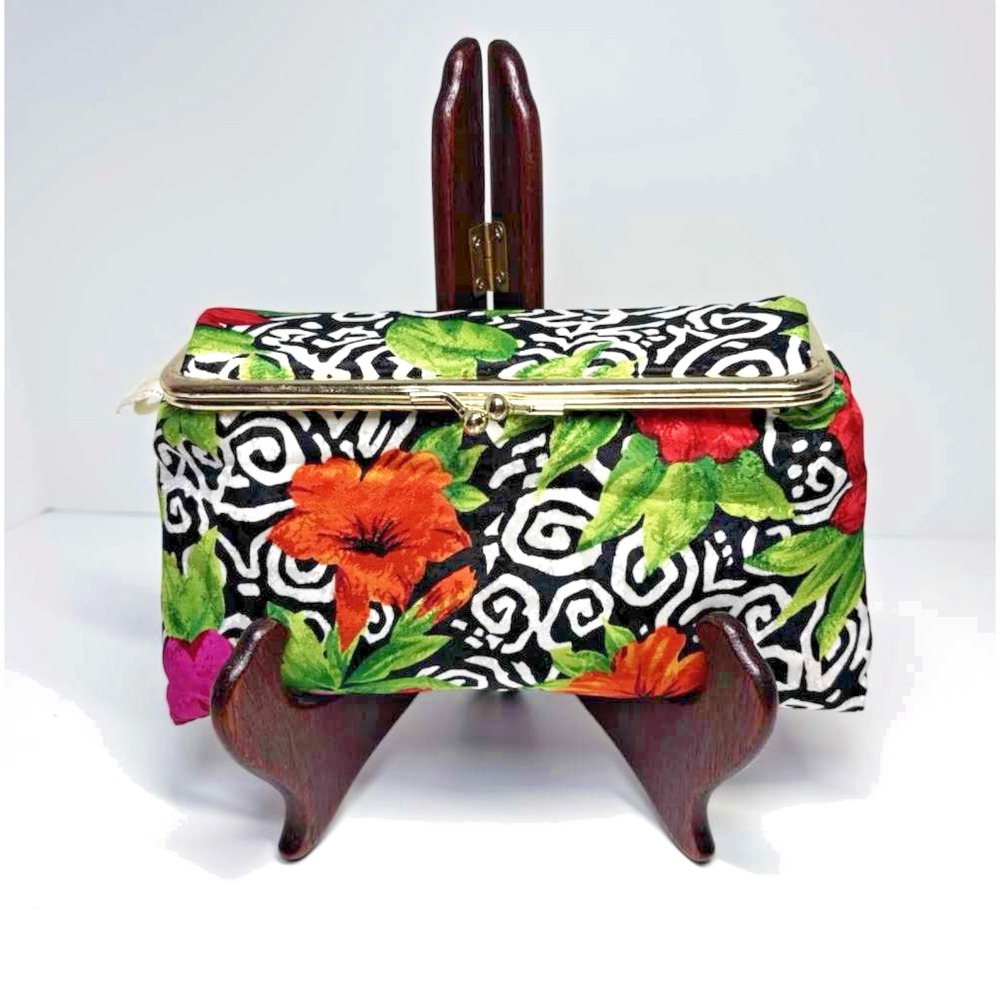 Oscar De La Renta Fold Over Clutch Snap Mirror Hibiscus Flora Print 7" X 5